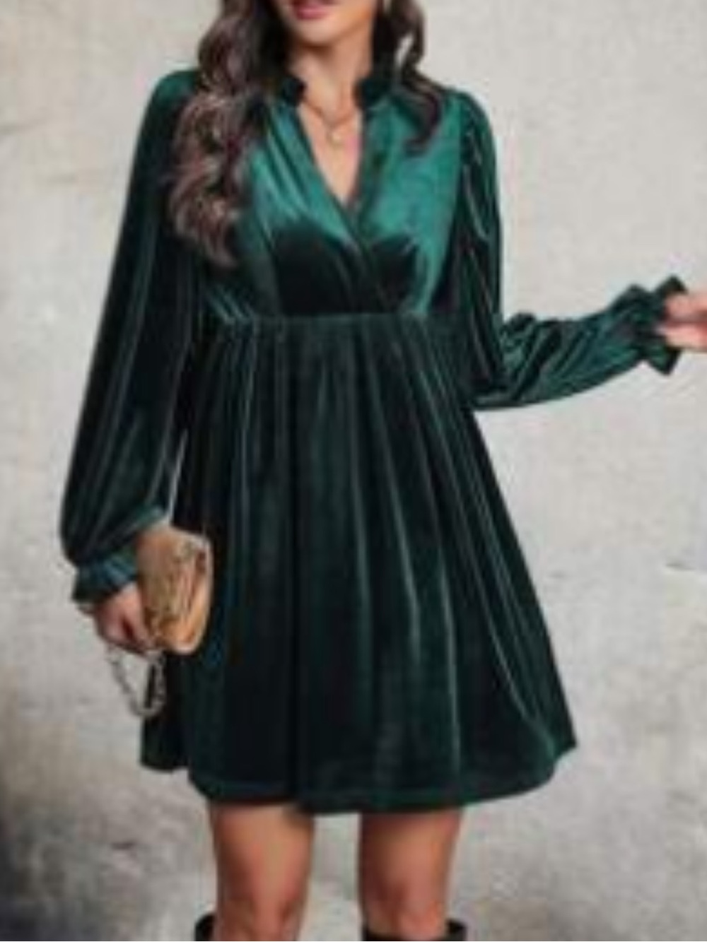 Notched Neck Flounce Sleeve Velvet Dress - NWOT!